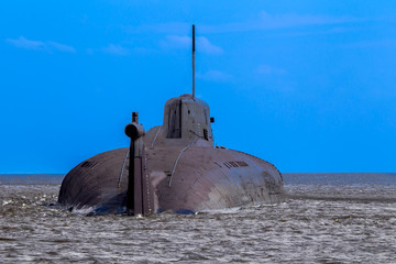 The submarine goes beyond the horizon. Military ships. Fairway for shipping. Protection of maritime...