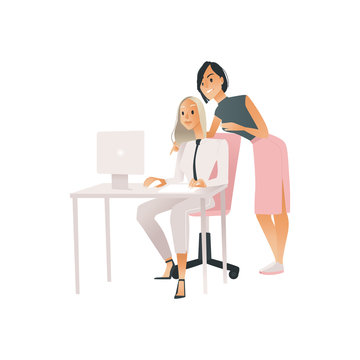 Vector illustration of coworking communication concept with two young business women working with computer and discussing project in cartoon style isolated on white background.