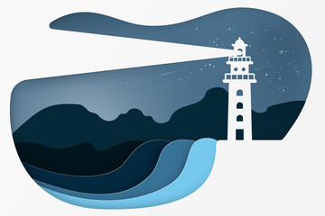 Modern building lighthouse. night seascape concept. Paper art style.