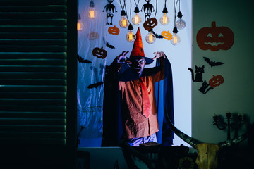 31 october. Make up and scary concept for man. Celebration party. Happy hipster with bloody beard...
