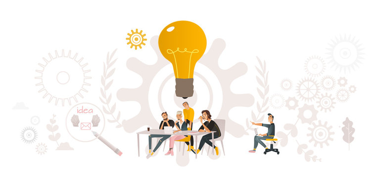 Vector coworking, teambuilding and business communication concept with colleagues, male female office workers, men and woman sitting at table looking at laptop discussing with gears, light bulb around