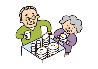 食器を片付ける人々