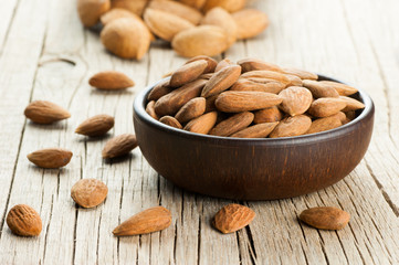 Almonds nuts in dark Brown bowl on rustic vintage wooden table with wooden spoon or scoop . Almond background concept with copy space