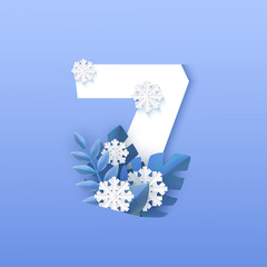 Vector illustration of numeral 7 natural winter design in paper art isolated on gradient background - decorative element of white number seven surrounded by blue plant leaves and falling snowflakes.