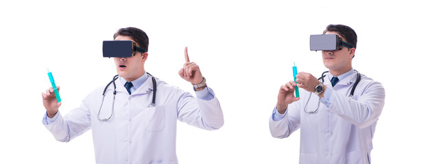 Doctor wearing a vr virtual reality headset isolated on white ba