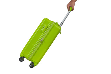 hand on green light luggage with white isolate background