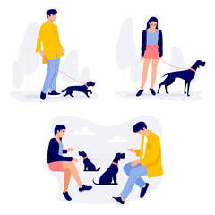 People walking with dogs, men and women with their pets stock illustration