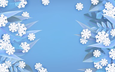 Vector illustration of winter natural border frame with blue tree leaves and white snowflakes in paper art style isolated on blue background - floral seasonal banner with copy space. - obrazy, fototapety, plakaty