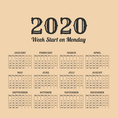 2020 year vintage calendar. Weeks start on Monday