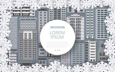 Vector winter urban cityscape background with white circle frame with text space and grey buildings in snow frame. Christmas, new year holiday poster background template for advertising design.