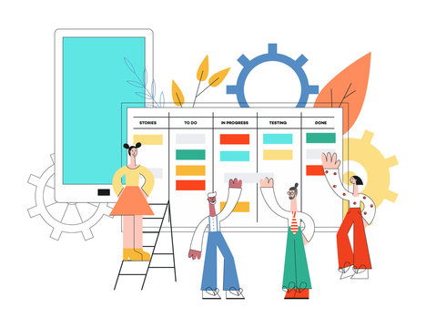 Vector illustration of scrum planning technique of teamwork concept with little people discussing tasks and results standing near huge agile board in trend flat style isolated on white background.