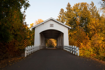 Distant center front perspective of Larwood covered bridge with fall color trees in a rural area in Oregon.