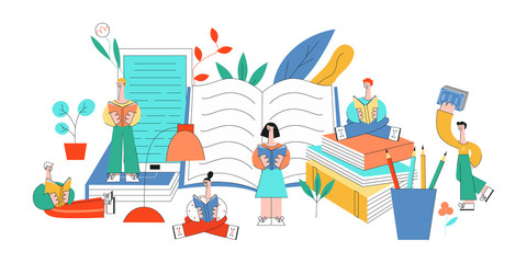 Vector stylized education concept people, objects set. Flat women, men standing, sitting legs crossed, lying reading book with pleasure and smile at face near books, pencils and florals.