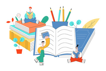 Education vector illustration with little people reading surrounded by big office supplies and books isolated on white background - studying male and female characters in flat style.