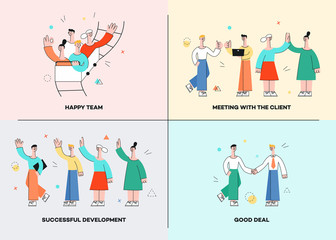 Vector illustration set of business theme banners with various working situations and process on pastel backgrounds - modern flat successful businessmen and women interacting with each other.