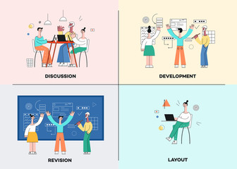 Vector illustration set of business development scenes in trendy flat style with team working on common project developing layout and analysing process on pastel backgrounds.