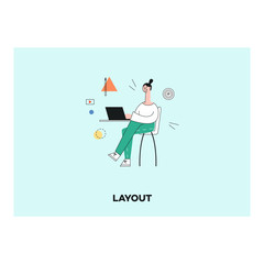 Vector woman mobile or web applications designer sitting at her workplace at home working behind laptop sitting at chair with abstract symbols on green background. Stylized illustration