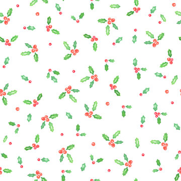 Christmas Watercolor Holly leaves seamless pattern background. Great for wallpaper, gift wrap, fabric, scrapbooking