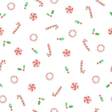 Christmas watercolor seamless pattern with candy cane and holly. Great for scrapbooking, wallpaper, gift wrap, fabric