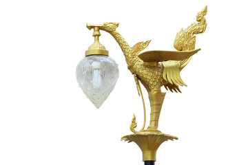 Golden swan statues lamp isolated on white background.