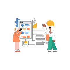 Vector mobile application development concept with young girl, woman man standing behind smartphone tablet devices windows background testing, developing discussing app design with empty speech bubble