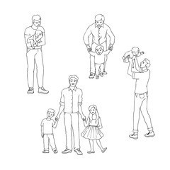Fototapeta na wymiar Vector illustration set of fathers with their children isolated on white background in sketch line style. Hand drawn young dad holding and playing with his kids for happy family concept.