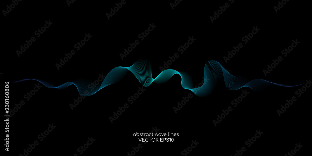 Aufkleber Abstract vector wave lines green and blue colors isolated on black background for design elements in concept technology, modern, science.
