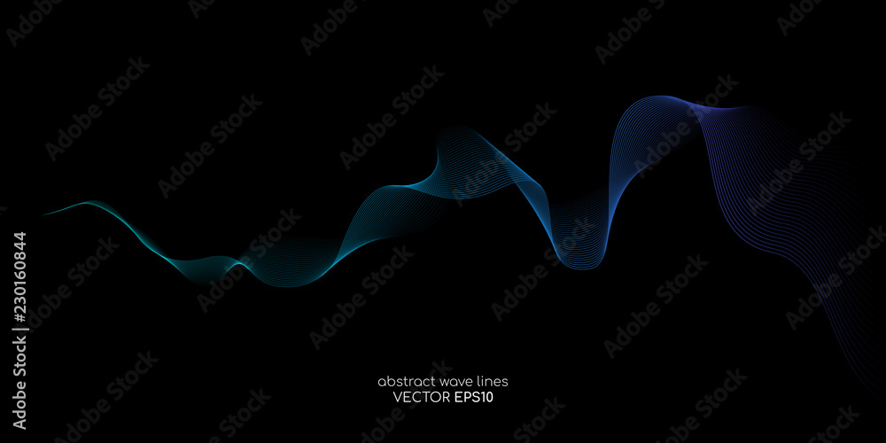 Poster Abstract vector wave lines green and blue colors isolated on black background for design elements in concept technology, modern, science.