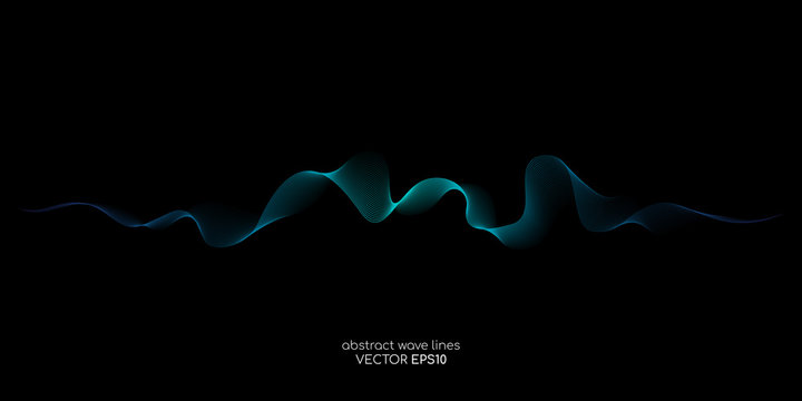 Abstract vector wave lines green and blue colors isolated on black background for design elements in concept technology, modern, science.