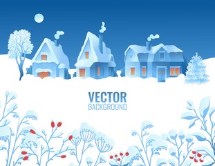 Vector happy new year poster background template with winter landscape with cozy houses, spruce tree, oak and abstract plants with red berries and snowcaps. Holiday decoration design illustration.