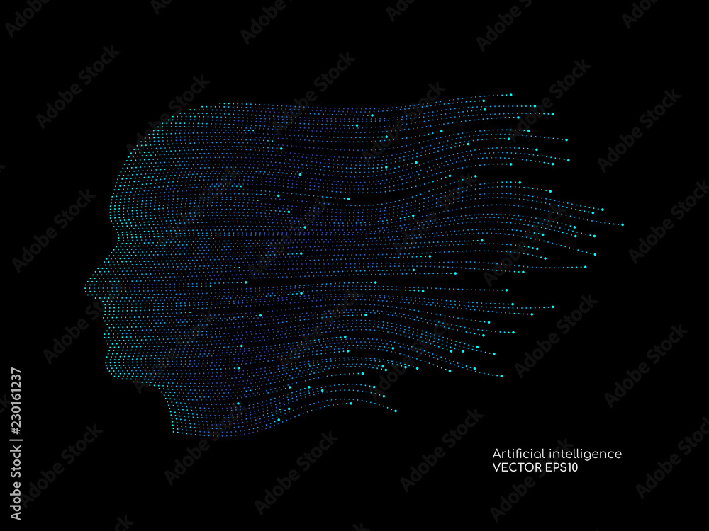 Poster artificial intelligence technology concept human head shape with light dots line blue color on black