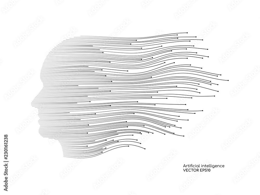 Poster Artificial intelligence technology concept human head shape with light dots line color. Vector in concept technology, communication, digital, ai, science.