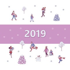 Vector illustration of 2019 New Year and Christmas horizontal banner with sign and various hand drawn winter holiday symbols and people purchasing gifts isolated on white background with snowflakes.