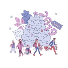 Vector illustration of Christmas and New Year sales banner with big decorated fir-tree and people with gift boxes and shopping bags in sketch style isolated on white background.