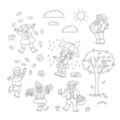 Vector flat funny kids having fun outdoor with autumn weather. Male, female characters, boy and girls playing with falling leaves, collecting mushroom, walking with umbrella holding pumpkin monochrome