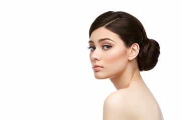 beautiful girl with hairdo isolated on white