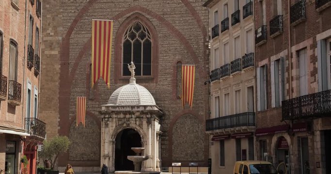 Perpignan, France. Leon Gambetta Square And Cathedral Basilica Of Saint John The Baptist Of Perpignan In Sunny Summer Day