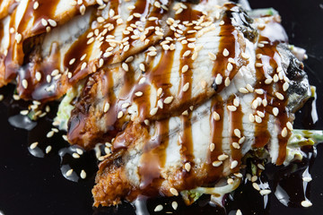 Salad With Smoked Eel with Unagi Sauce. Japanese Food