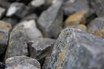 Rock pile, rubble tailings, close with shallow depth of field