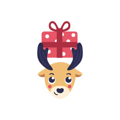 Vector illustration of reindeer head holding present box on his antlers in flat style - cute nordic animal with wrapped gift on horns for Christmas design isolated on white background.