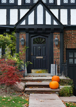 Front Door Of House With Halloween Decorations