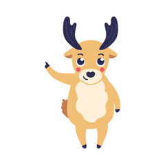 Vector illustration of cartoon reindeer standing and pointing or showing with index finger isolated on white background - cute wild animal with antlers holding forefinger up in flat style.