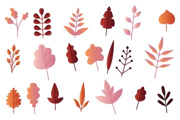 Autumn leaves vector illustration set in flat style isolated on white background. Various bright fall plant foliage - floral decorative elements for seasonal natural design.