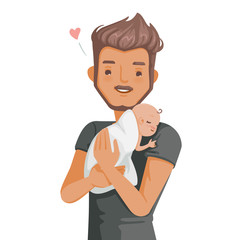 Newborn father holding newborn baby in home. Little daughter sleeping comfortably in the embrace her dad. Concept ties to the warmth of the family. Moments of happy fatherhood. Vector background white