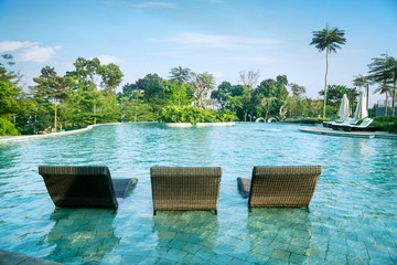 Beautiful view of swimming pool with benches