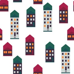 City houses vector illustration seamless pattern with cute multi storey houses with light in windows and colorful roofs on white background - urban backdrop with high-rise buildings.