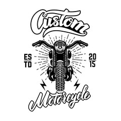 Custom motorcycles. Emblem template with motor bike. Design element for logo, label, sign, poster, t shirt.