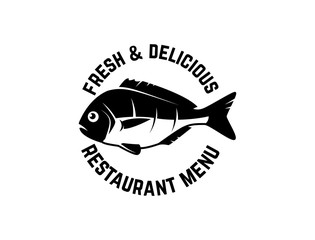 Fresh seafood. Emblem template with fish illustration. Design element for logo, label, emblem, sign, poster.