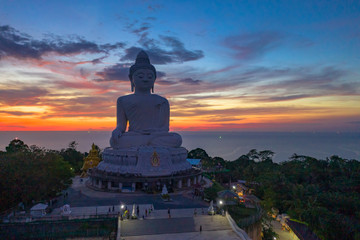aerial view sunset at Phuket big Buddha is one of the island most important and revered .landmarks on Phuket islan