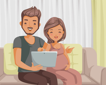 pregnant couple reading on tablet. asian couple. Husband and  wife using computer sitting on sofa at home. Vector cartoon illustrations isolated on background.